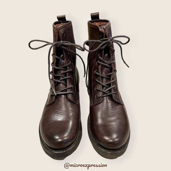 $385 Frye Veronica Combat Brown Leather Lace Up Moto Combat Military Ankle Boot - Picture 8 of 12